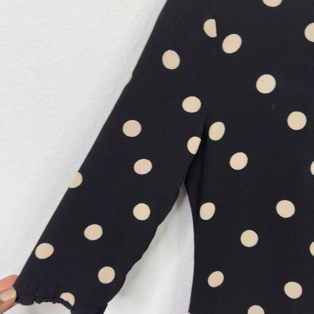 Kate Spade Dress Womens 0‎ Black Tan Polka Dot Ruffle Trim Feminine Quiet Luxury